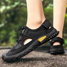 Summer New Leather Mesh Sandals Men Breathable Casual Outer Wear Slip-on Slippers Non-slip Soft Outdoor Beach Water Wading Shoes (Color: Black, size: 43)