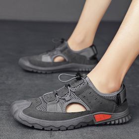 Summer New Leather Mesh Sandals Men Breathable Casual Outer Wear Slip-on Slippers Non-slip Soft Outdoor Beach Water Wading Shoes (Color: Gray, size: 41)
