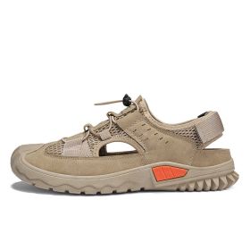 Summer New Leather Mesh Sandals Men Breathable Casual Outer Wear Slip-on Slippers Non-slip Soft Outdoor Beach Water Wading Shoes (Color: Khaki, size: 39)