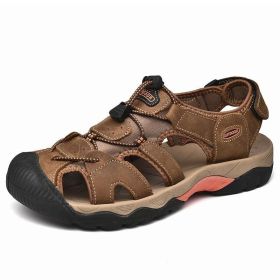 2022 Genuine Leather Men Shoes Summer New Large Size Men's Sandals Men Water Trekking Sandals Fashion Beach Sandals Slippers (Color: Auburn, size: 48)