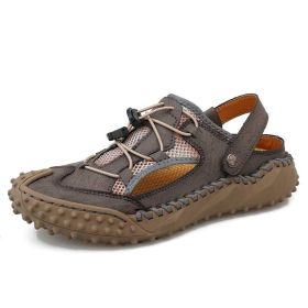 Summer Mens Sandals Leather Mesh Beach Outdoor Water Shoes Breathable Comfortable Slipper Rubber Classic Non-slip Big Size 38-48 (Color: Gray, size: 43)