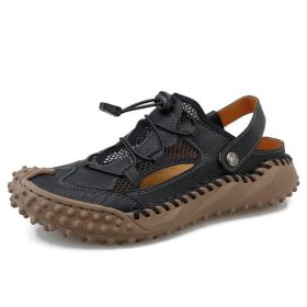 Summer Mens Sandals Leather Mesh Beach Outdoor Water Shoes Breathable Comfortable Slipper Rubber Classic Non-slip Big Size 38-48 (Color: Black, size: 40)