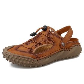 Summer Mens Sandals Leather Mesh Beach Outdoor Water Shoes Breathable Comfortable Slipper Rubber Classic Non-slip Big Size 38-48 (Color: Auburn, size: 41)