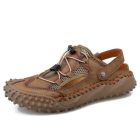 Summer Mens Sandals Leather Mesh Beach Outdoor Water Shoes Breathable Comfortable Slipper Rubber Classic Non-slip Big Size 38-48 (Color: Khaki, size: 39)